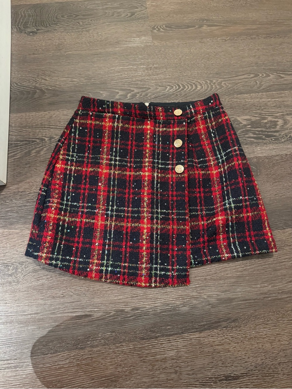 Lulu's Red and Navy Plaid Tweed Mini Skirt with Gold Buttons